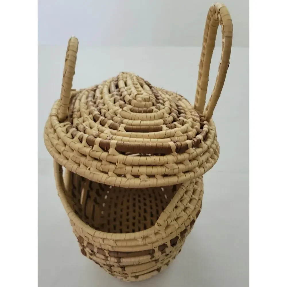 Wrapped Straw Basket Coiled Large Lid Handles Approx 11” X 11” Boho
